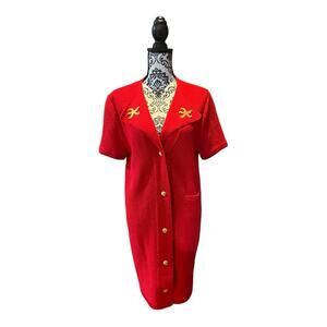 Steve Fabrikant I.Magnin Vintage Button Up Knit Seashell Accent Dress red gold L